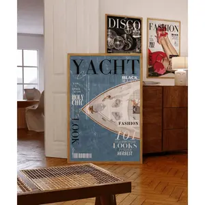 [UNFRAMED POSTER] Yacht Poster Trendy Girly Wall Art Vintage Boat Decor Ocean Print Summer Navy Blue Water Dorm Room 70s Decor Summer Wall Art Luxury Boat