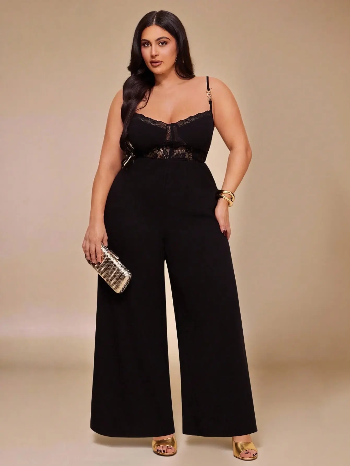 BLUSHB Plus Size Black Contrast Lace Sleeveless Jumpsuit Metal Chain Straps Lace Patchwork Bustier Wide Leg Summer Elegant Formal Evening