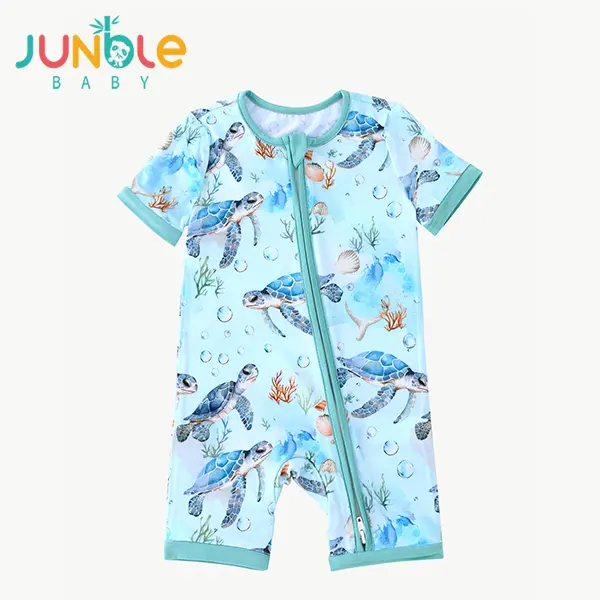 JUNBLEBABY Unisex Bamboo Toddler Outfit, Short Sleeve 2-Way Zipper Toddler Onesie, Soft Breathable Jumpsuit with Turtle Ocean Print for 3-24 Months, Toddler Onesies Bodysuit Clothes Fun Themed Bodysuits