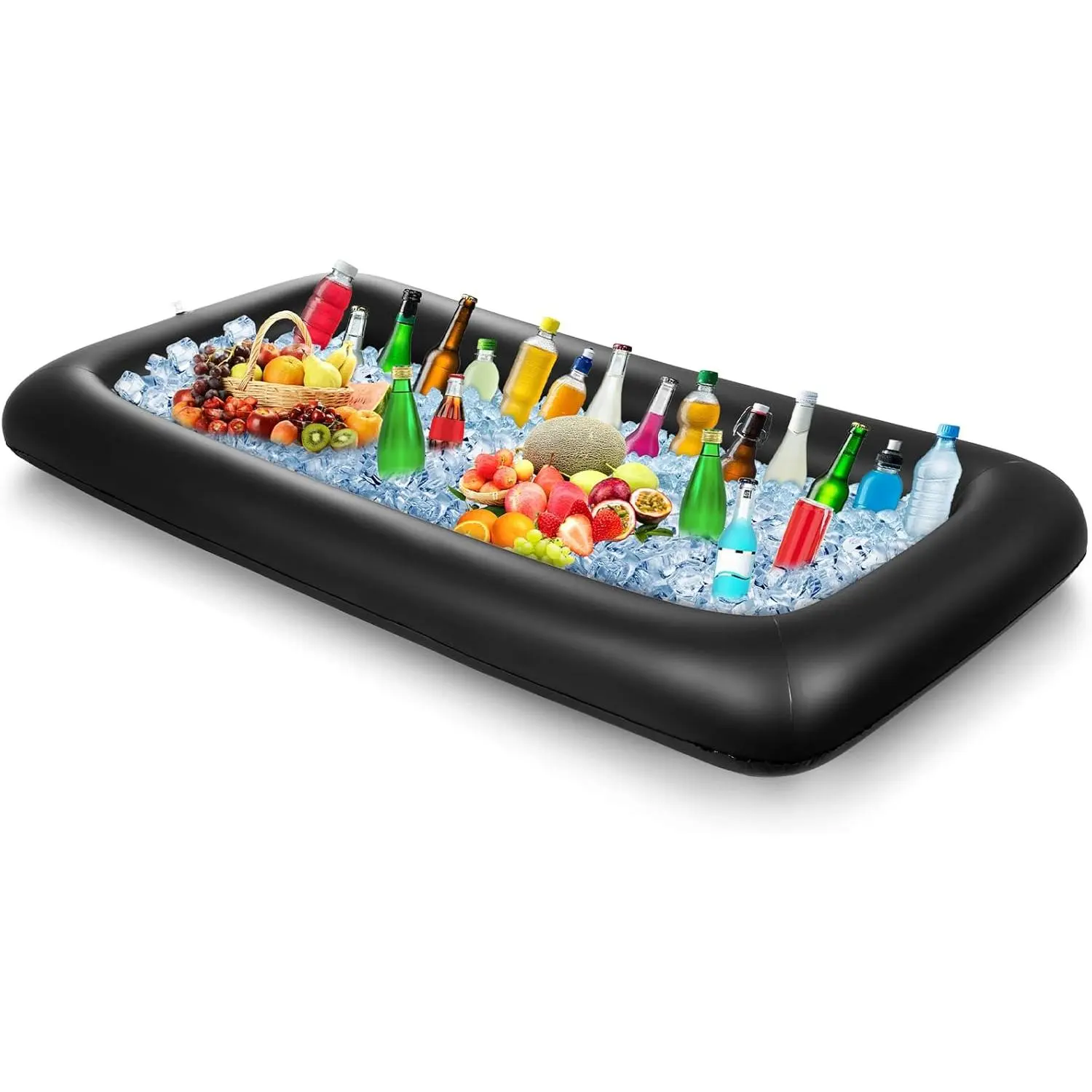 Classic Rectangular PVC Plastic Inflatable Serving Bar by Leitee - 52x24x5 in Foldable Tray with Drain Plug, Deformation-Resistant Food & Drink Cooler for Barbecues, Picnics (Black, Basic Style), Resistant To Deformation