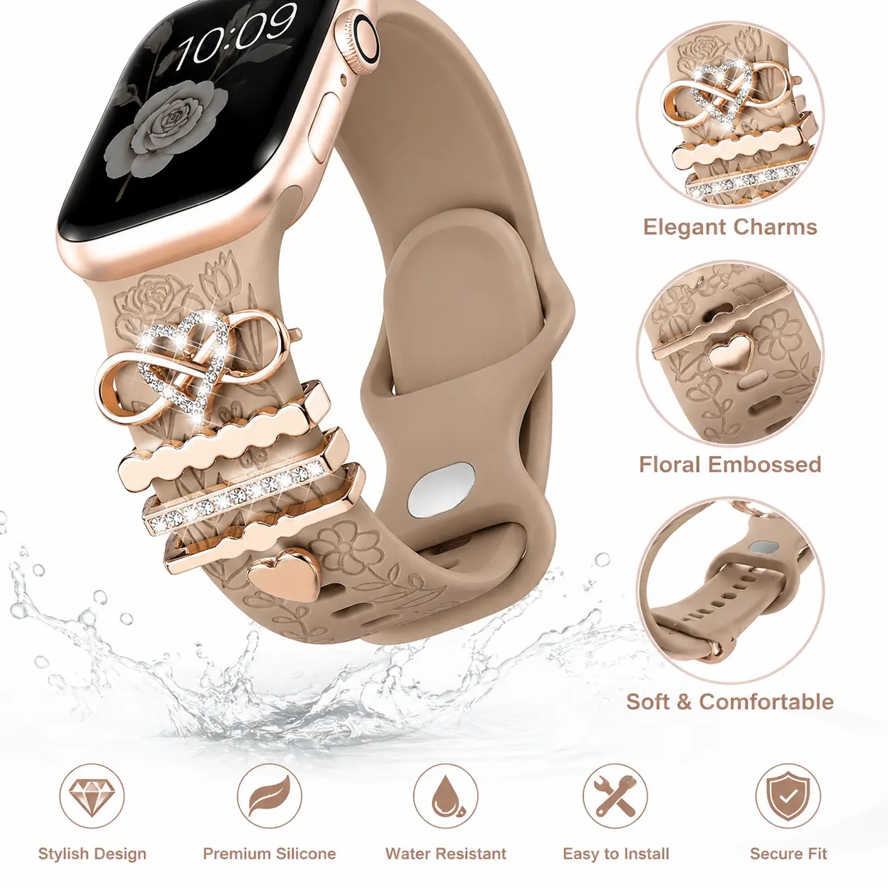 Elegant Floral Silicone Watch Band for Women, Luxury Rhinestone Charm Strap, Soft Waterproof Adjustable Replacement Wristband Compatible with Smart Watch