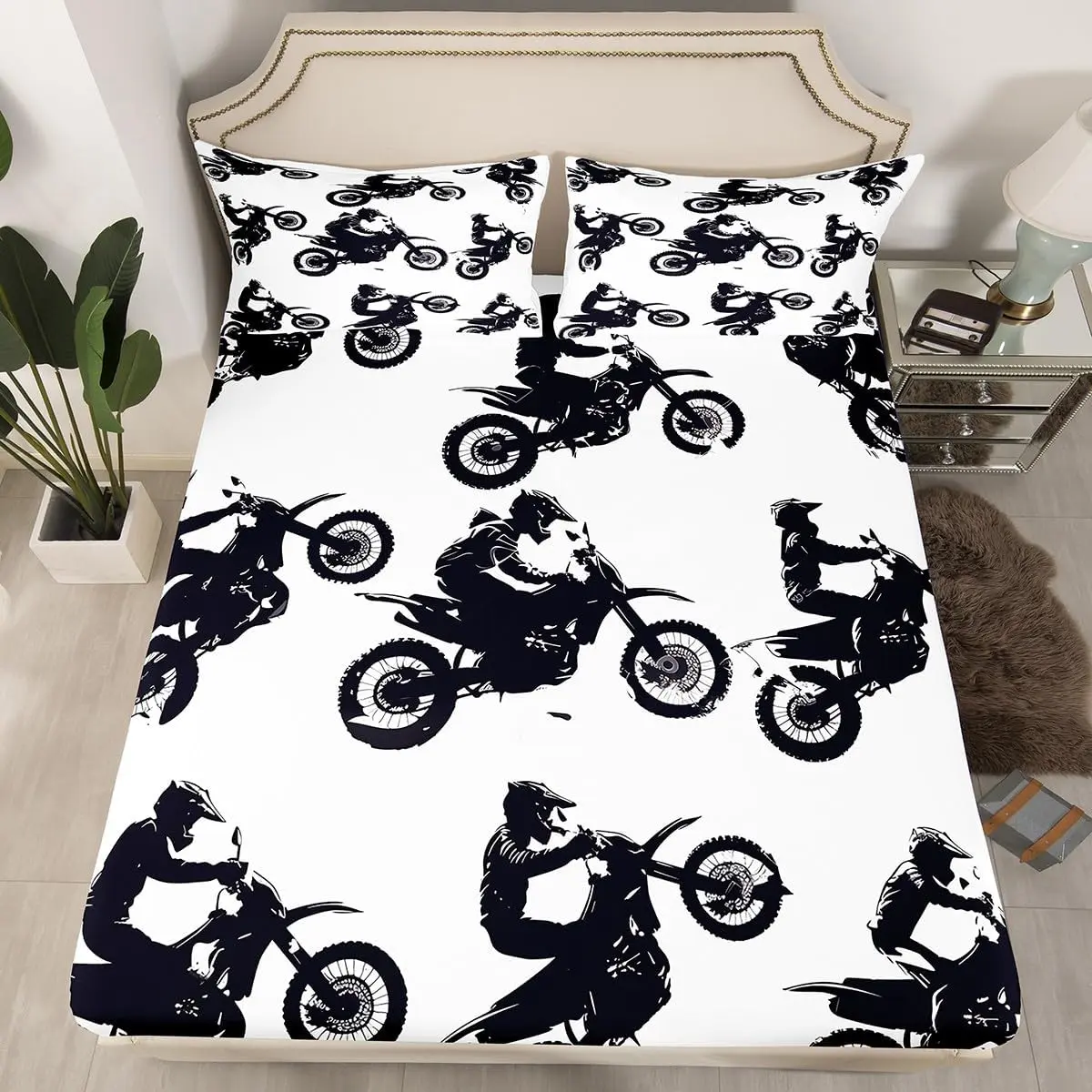 Dirt Bike Fitted Sheet Cool Motocross Bed Sheet Set Ultra Soft Motorcycle Racer Fitted Sheet Motorcycle Bed Cover Room Decor Motorbike Bed Set