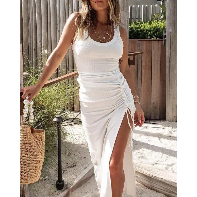 Chicme Ribbed Sleeveless Drawstring Ruched High Slit Dress