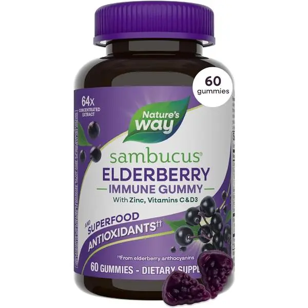 Nature's Way Sambucus Elderberry Gummies, Immune Support Gummy for Adults & Kids Ages 4+ with Black Elderberry Extract, Vitamin C, Vitamin D3, and Zinc*, 60 Gummies | Immune Gummy with Black Elderberry Extract, Vitamin C, D3, Zinc,
