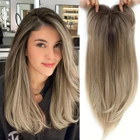 Women's 22-Inch Layered Hair Topper - Glueless Clip-and-Apply Ombre Blonde Balayage Synthetic Extensions & Pieces with Dark Roots, Long Volume-Boosting Wiglet for Thinning Hair, Easy Maintenance for Everyday Wear, Hair Topper For Women