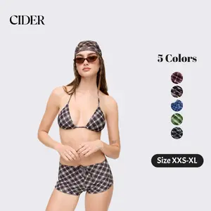 Cider 4-Piece Set Halter Neckline Check Knotted Triangle Tie Side Bikini Set With Cover Up Shorts & Headscarf SummerWins Dealsforyou