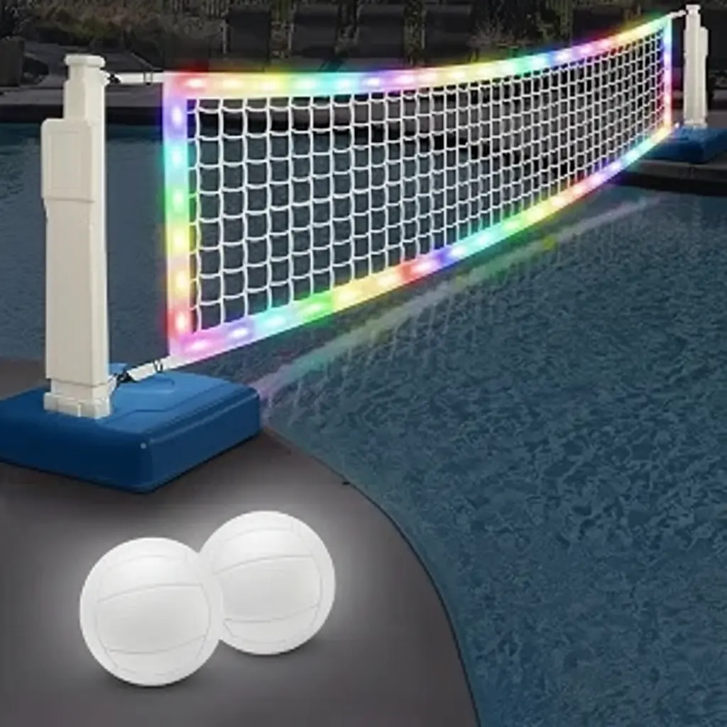 LED Pool Volleyball Net Set, Light Up Pool Volleyball Game Set with 2 LED Water Balls, Adjustable Net and Pump, Swimming Pool Sports Game Set for Adults Teens, Inground Pool Toy Party Fun