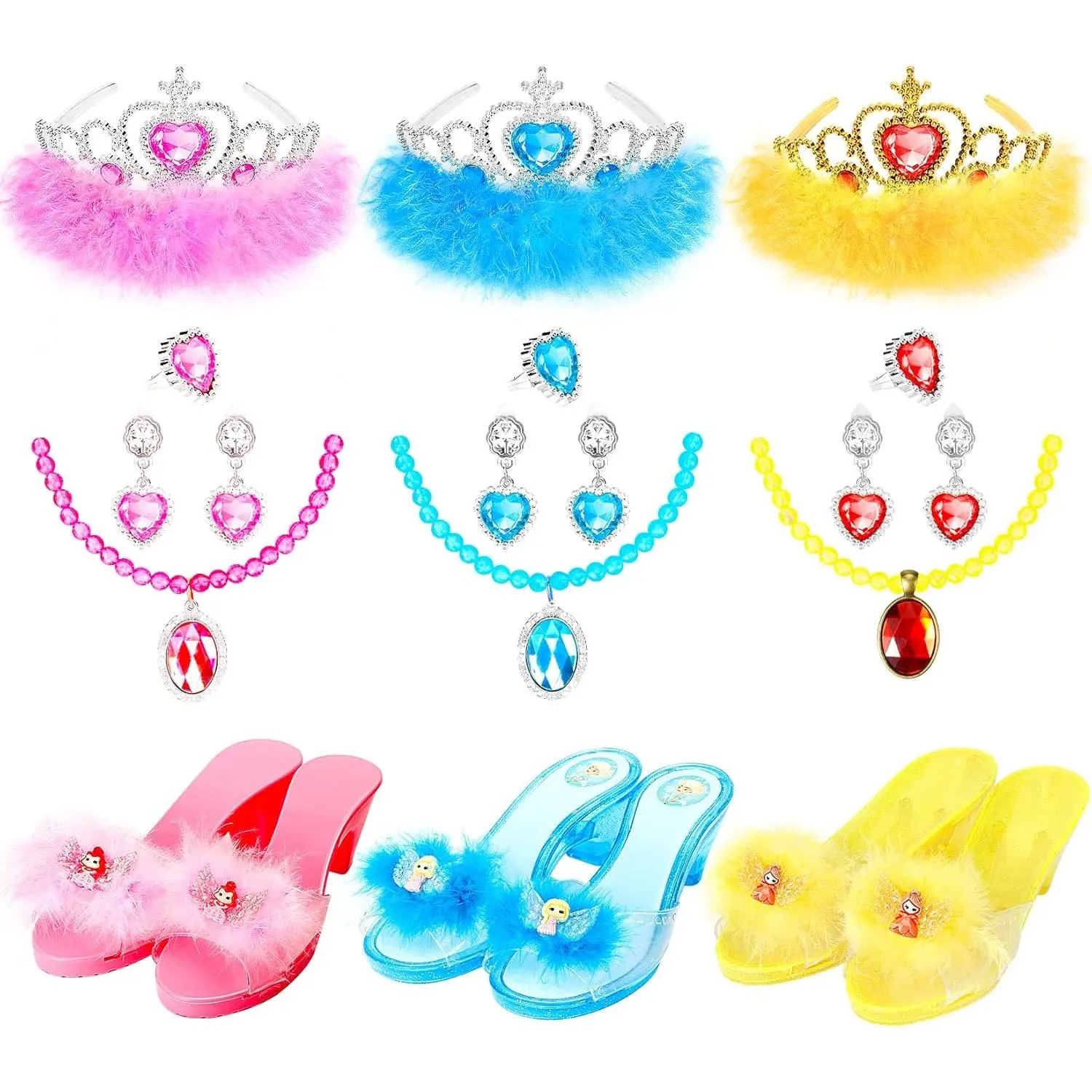 BY-L-HDW024 Abs Plastic Toddler Princess Dress Up Shoes & Jewelry Set - 2 in Heel Height, 2.7 in Width, 7.5 in Length, Crown, Necklace, Earrings, Ring for 3-4 Years Old Girls Birthday Party Role Play Gift