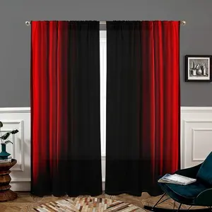 2 pieces, red and black gradient printed curtains, modern style, pole pocket style, semi sunshade polyester fiber, suitable for home living room, bedroom, balcony, kitchen, study and shower window decoration, easy to clean, Easy Install Curtain