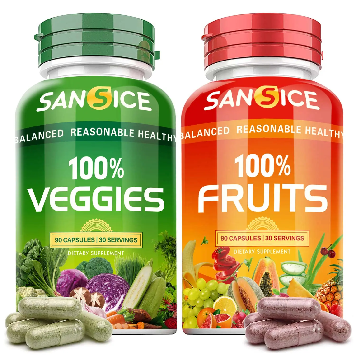 Sansice 100% Fruits & Veggies Supplement Capsules | 26 Whole Fruits + 17 Whole Veggies | Family-Friendly Daily Nutrition for Kids & Adults | Perfect for Picky Eaters | 90 Capsules