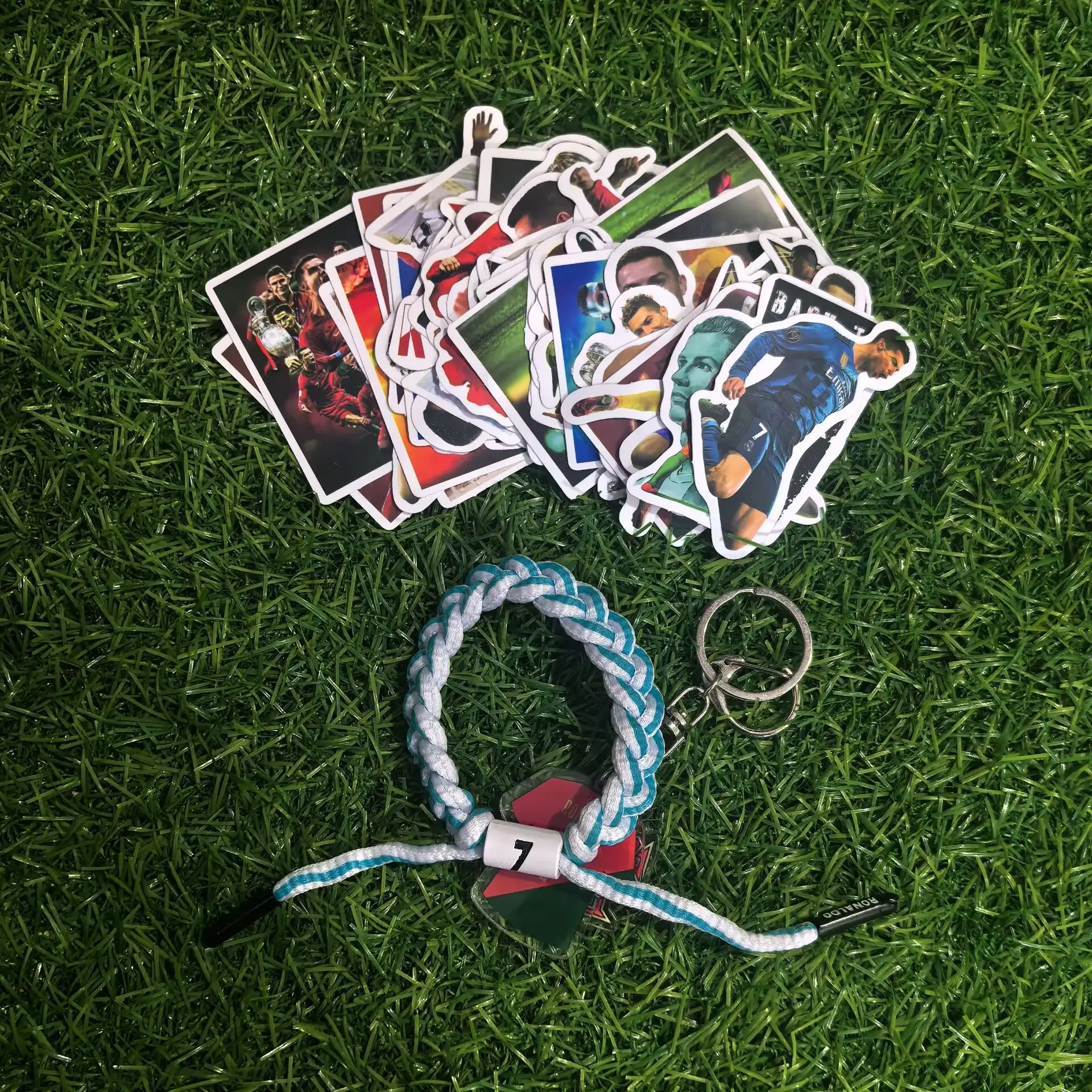 Soccer Star Number 7 Themed Fashion Accessories Mini Bundle - Key Chain, Braided Wristband, Football Fan Stickers, Sports Enthusiast Gift, Wristband Braided, Keychain Set, Gift Keychain, Waterproof Stickers, Football Keychain, Sticker Set