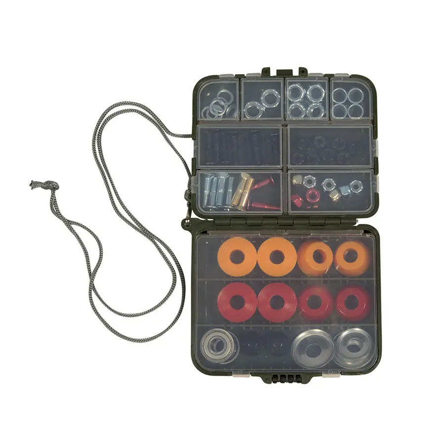Comprehensive Skateboard Hardware Kit in a Military-Style Plastic Tackle Box with Bearings, Bolts, Nuts, and Cushions