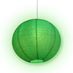 LANTERN + CORD + COLOR BULB | White Fine Line Premium Paper Lantern, Extra Sturdy with Pendant Cord Combo Kit, Switch, E12, Green Bulb