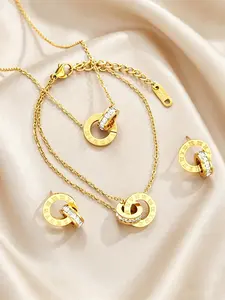 3-Piece Fashion Stainless Steel Rhinestone Roman Numeral Matching Jewelry Set, Necklace Bracelet Earrings, Unisex Casual Style, Fashionable Jewelry Set