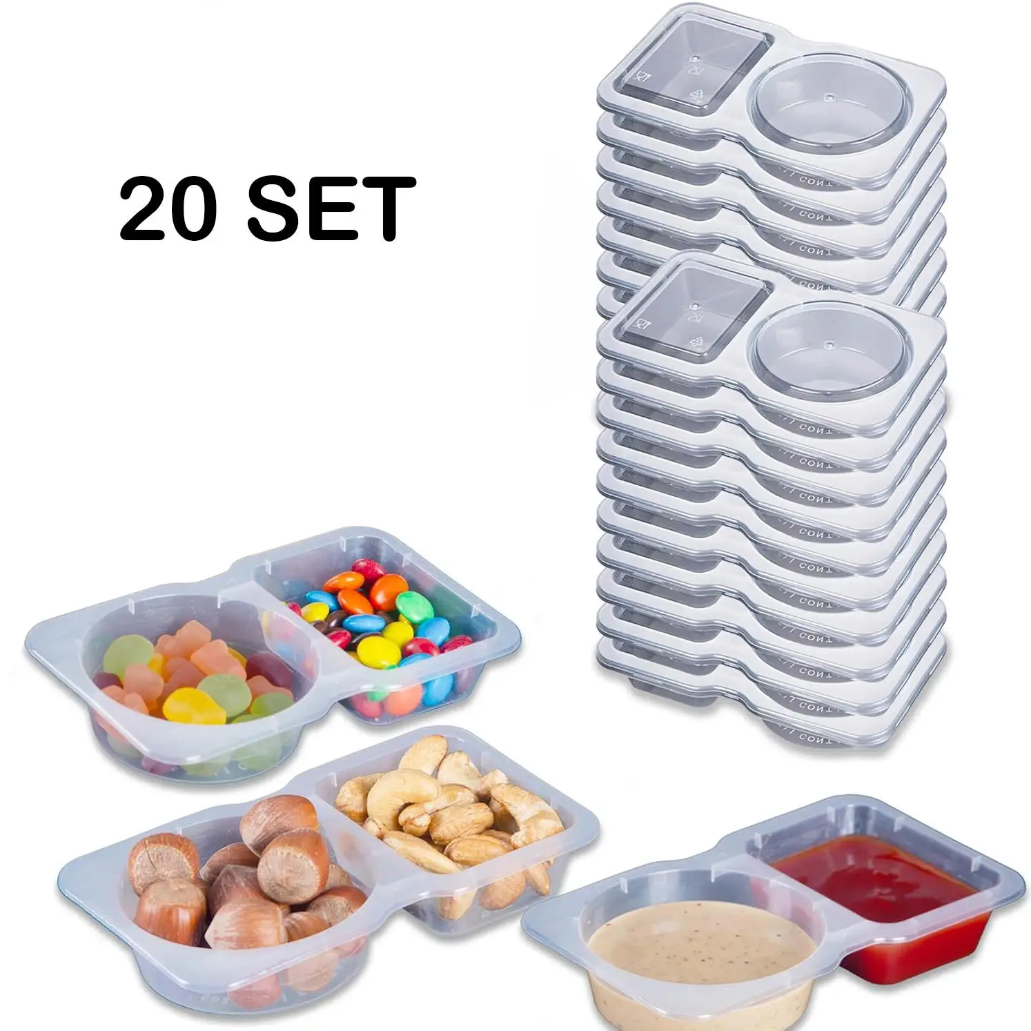 Disposable Double Compartment Plastic Container with Lid, 10/20 Sets Disposable Sauce Snack Container, Food Preservation Container for Home Kitchen, U