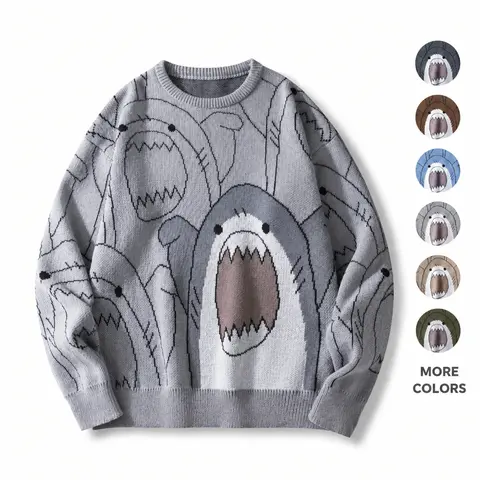 Men's Unisex Oversized Crew Neck Long Sleeve Knitted Pullover - Winter Thick Polyester Knitwear, Halloween Casual Streetwear, Retro Vintage Grey Clothing