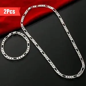 925 Silver Plated Necklace & Bracelet Set for Men – Hip Hop Party Style Jewelry
