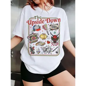 Stranger Things Tattoo Style T-Shirt, Multicolor Graphic Tee, The Upside Down Slogan Shirt, Vintage Tattoo Aesthetic Top, Loose Fit Short Sleeve Casual Streetwear, Unisex Pop Culture Fan Tee