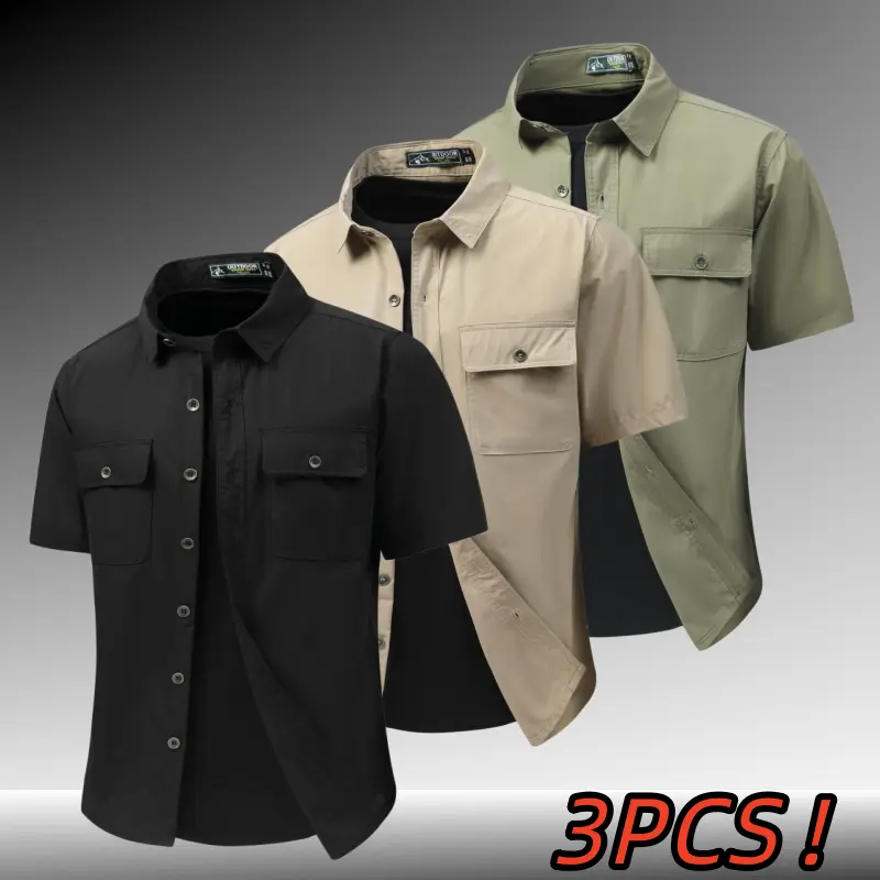 3-pack men’s outdoor quick-dry short-sleeve work shirts, lightweight breathable wrinkle-resistant woven fabric, double flap chest pockets with metal buttons, turn-down collar, comfortable versatile loose fit in three colors for commuting and casual wear s