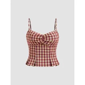 Cider [4 colors, size 0-26] Woven V-neck Gingham Shirred Cami Top