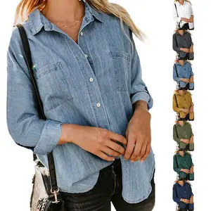 2025 Women’s Denim Shirt – Spring/Autumn New Arrival, Loose Fit, Two Pockets, Long Sleeves, Versatile Casual Jacket-Style Shirt