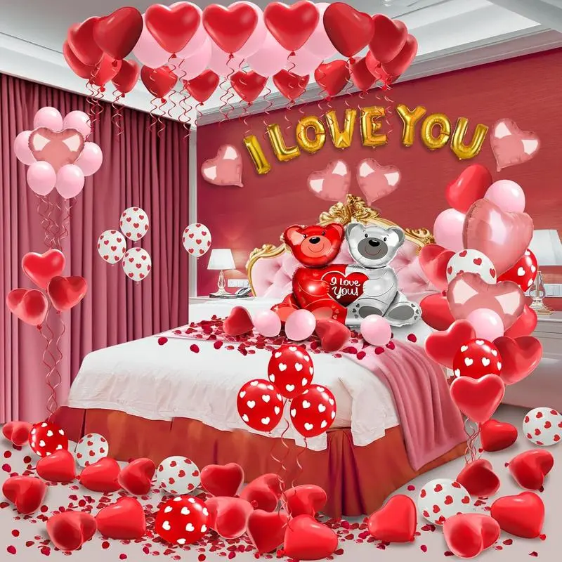 54PCS Valentine's Day Heart Balloons Setwith "I Love You" Foil Balloons, 1000 SilkRose Petals & Hanging Decor for Wedding,Anniversary & Romantic Night Decorations