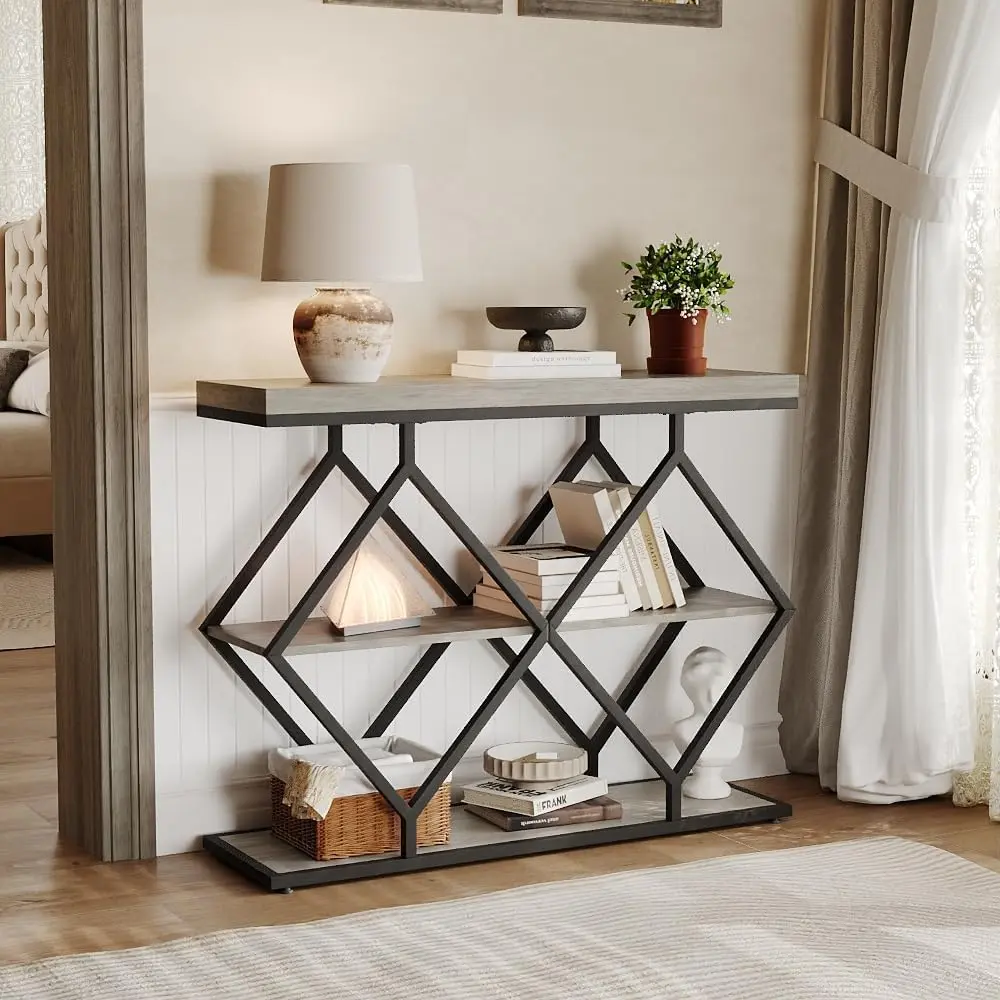 Garvee 39 in Narrow Industrial Chic Console Table - 3-Tier Modern Side Table with Diamond Frame, Adjustable Legs, Open Storage, Leveling Feet for Living Room, Hallway Decor - Gray