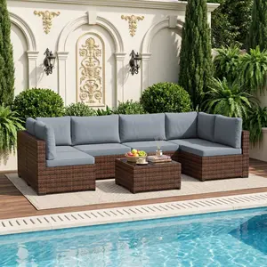 7-Piece Modular Outdoor Rattan Sectional Sofa Set - All-Weather Wicker Patio Furniture with Thick Cushions, Coffee Table & Waterproof Cover, Perfect for Backyard & Porch