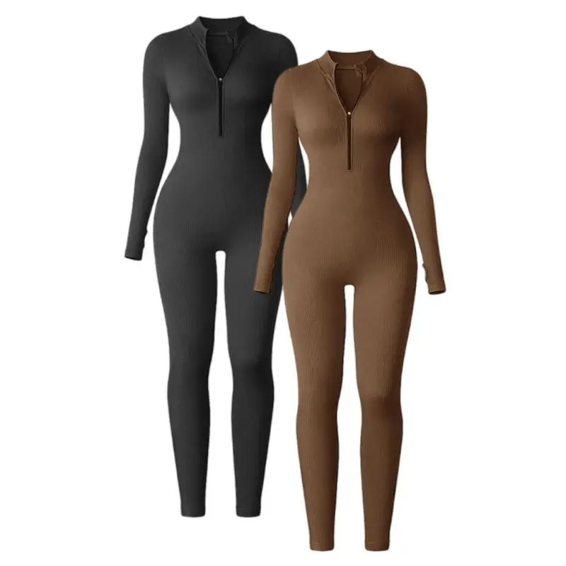 Women's Long Sleeve Fitted Zip-Up Workout Jumpsuit - Bodycon Bodysuit with Bottom Pants, Jumpsuits for Women