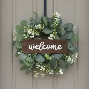 Eucalyptus Wreath with Welcome Sign, Artificial Spring Summer Wreath with Berries, Front Door Wall Window Decor, Hanging Decoration, Doorframe Ornament