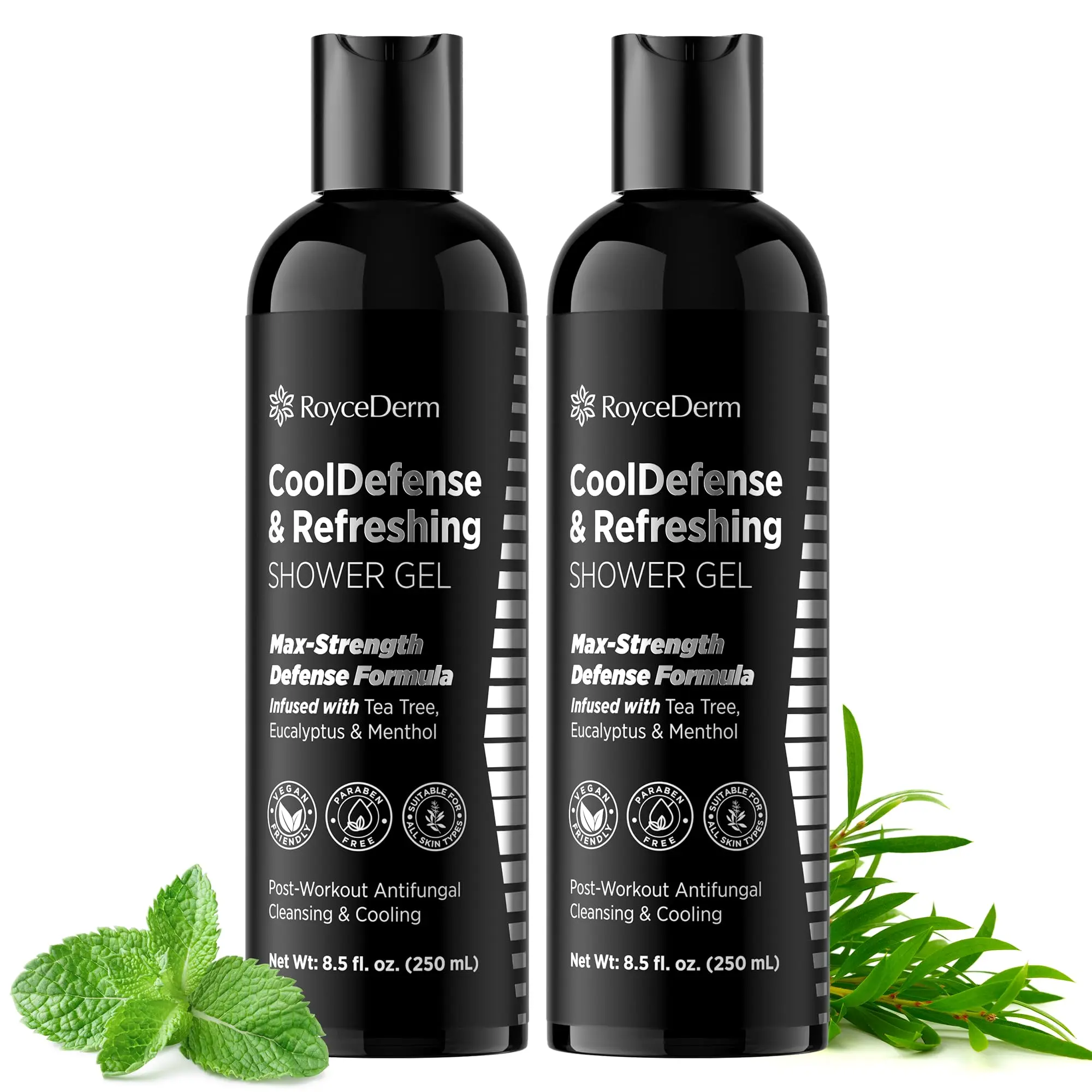 Roycederm CoolDefense Antifungal Body Wash for Men, Gentle Acne Treatment Shower Gel with Tea Tree Oil & Menthol, Post-Workout Bath & Body Care for Sensitive Skin - 2 Pack, 8.5 fl oz, Acne Treatment Bath & Body Care