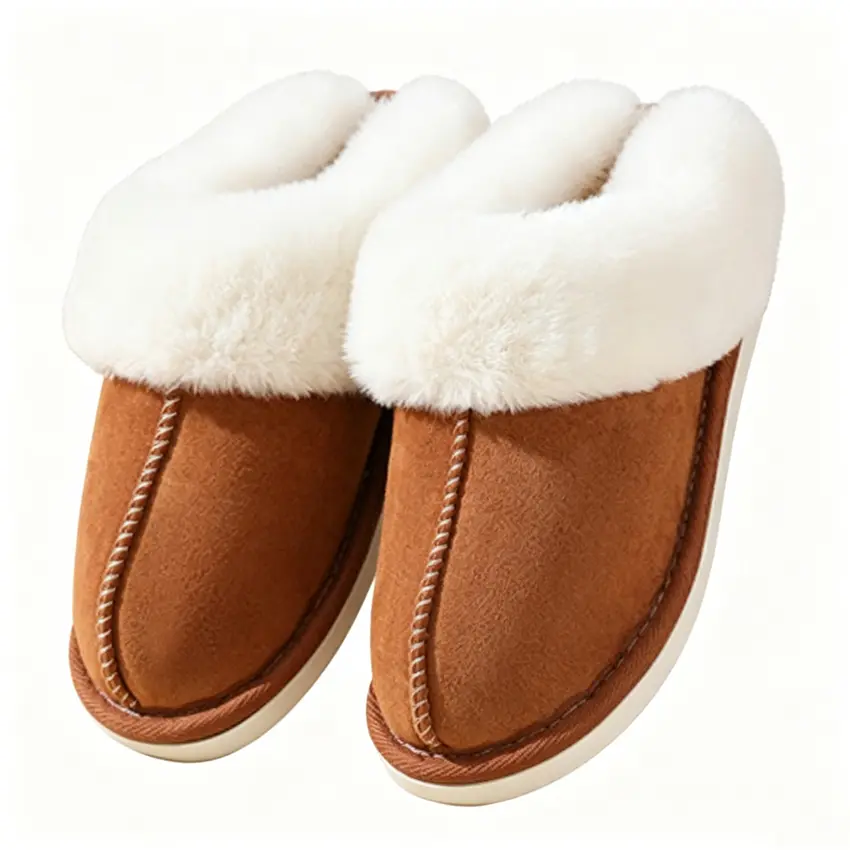 Women Cozy Fur Trim Suede Cotton Slippers, Cold Weather Plush Lined Anti Slip Home Shoes Couples Matching
