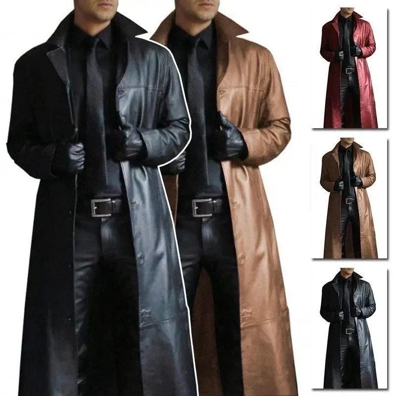 Men Luxury Fashion Medieval Steampunk Gothic Long Leather Jackets Vintage Winter Outerwear Faux Leather Trench Coat Menswear Cotton