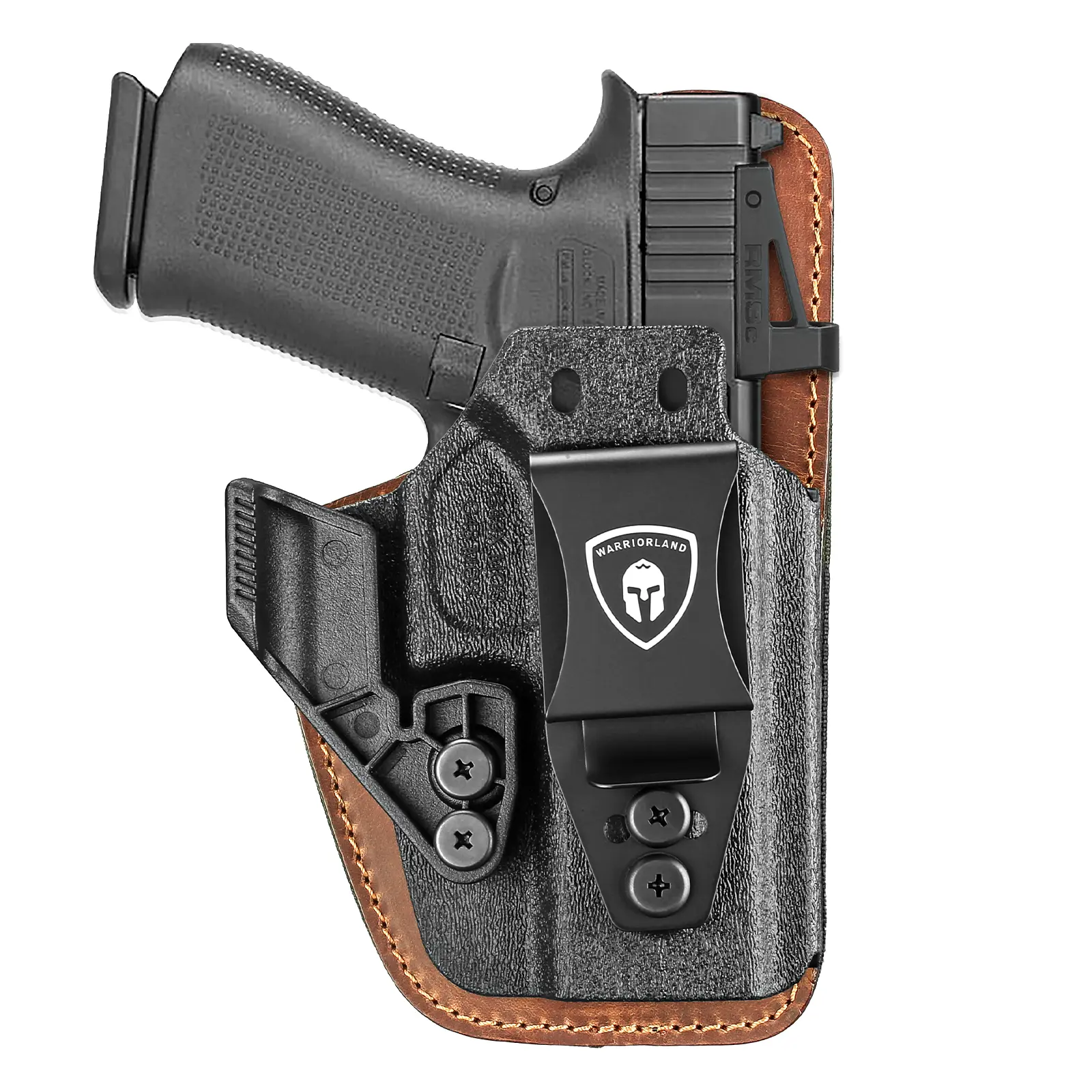 WARRIORLAND Compact IWB Holster for Glock 43/43X/43X MOS/48/48 MOS - Suede Hybrid Leather Concealed Carry Holster with Pre-installed Claw, Adjustable Belt Compatibility, Optic-Ready, Right-Handed for Hunting Competition