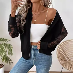 Women's Lace-Panel Long-Sleeve Baseball Collar Jacket for Fall/Winter 2025