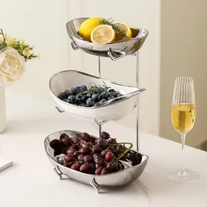 3 layer silver color luxury fruit tray | detachable tray | layered desktop fruit basket suitable for home kitchen table decoration and storage