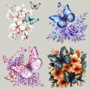 Flower & Butterfly Pattern Iron on Sticker, 4 Counts/set Heat Transfer Iron on Transfers for Throw Pillow Canvas Bag DTF T-shirt Hoodie Backpacks Jeans Apparel DIY DIY Flower Decor DIY Material