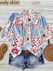 Plus Size Women's Blue Patchwork Floral Stand Collar Boho Blouse, Bubble Sleeve Five-Quarter Shirt, Summer Casual Top