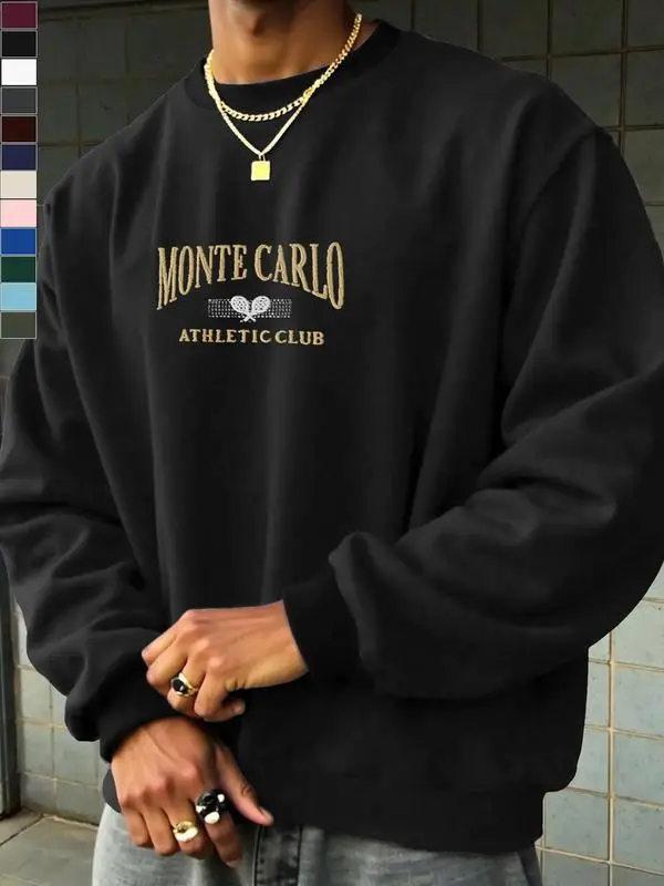 Men's Labelless Pullover Sweatshirt, Vintage American Sports Club Print, Loose-Fit Round Neck, Deep Tone, Casual Wear, Labelless Men's Sweatshirts