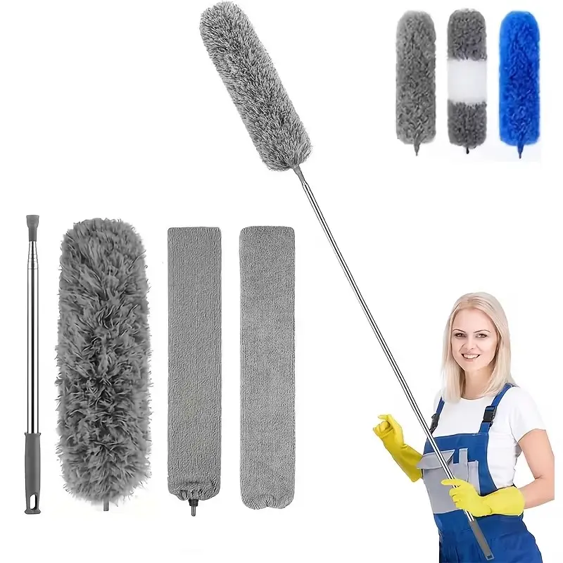 4pcs Retractable Feather Duster with Stainless Steel Frame & Microfiber Heads, Cleaning Supply, Household Cleaning Tool, Telescopic Pole (33-112") for High Ceilings, Blinds, Furniture, Car Interior Cleaning, Bendable, Washable, Reusable, Extendable Duster