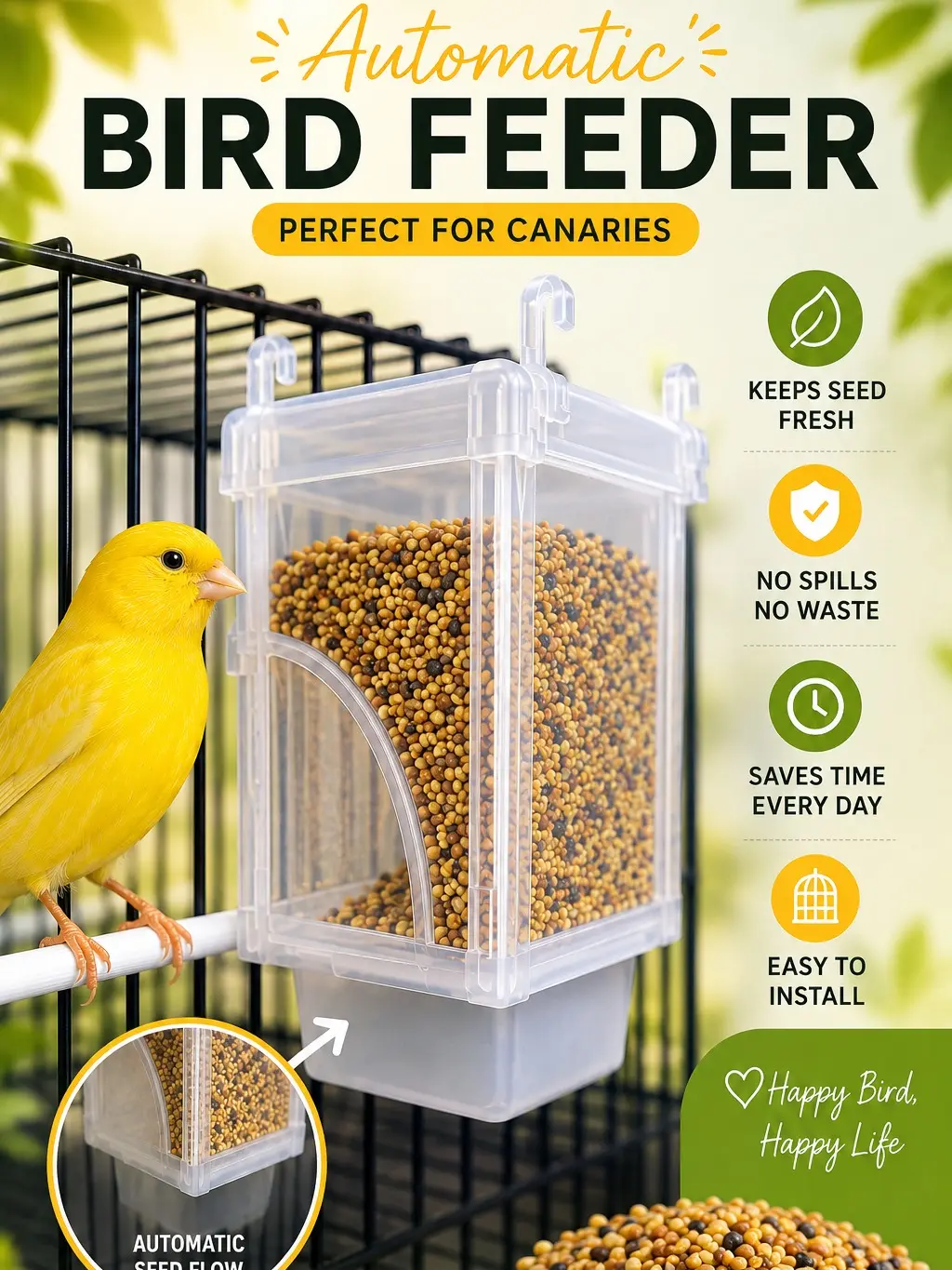 Automatic Bird Feeder Anti-Spill Seed Dispenser for Canaries, Finches, Budgies & Small Birds