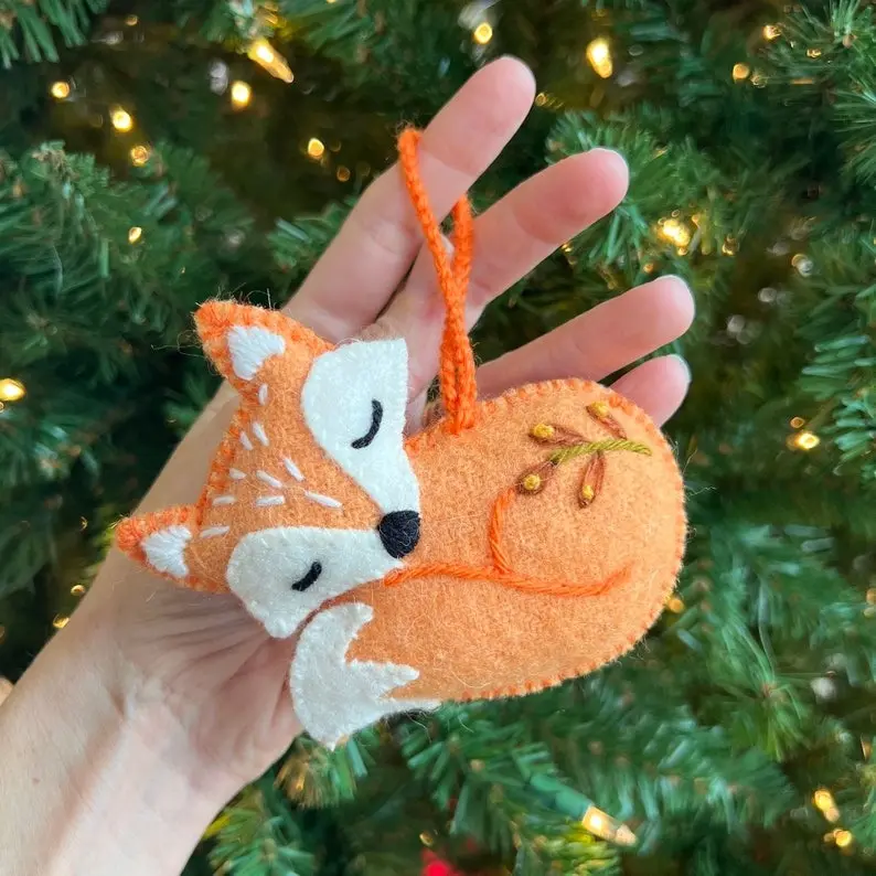 Sleeping Fox Ornament, Fair Trade Embroidered Wool Christmas Decor Handmade