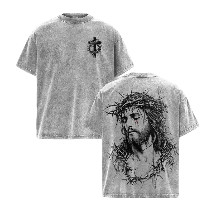 Tears of Blood – Christ’s Love in Pain - Jesus Crown of Thorns Tee Washed God Apparel Tee, Easter T-Shirt, Jesus T-Shirt, Easter Streetwear, Christian Apparel Graphic Tees, Gym Pump Cover Church Outfit