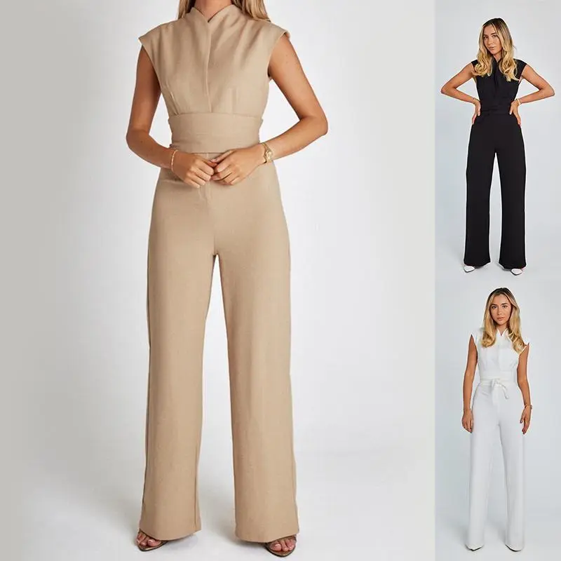 Women's Formal Polyester Overalls - Elegant V-Neck, Sleeveless, High-Waist Wide-Leg, Comfortable Business Blazer-Ready Fit for Work, Evening Wear, Statement Overalls for Women, High Rise, Snatched Waist, Full-Length