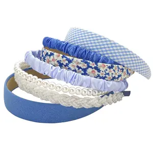 7Pcs Different Fashion Headbands for Women,Non Slip Flower Headband,Cute Pearl Headbands for Girls,Vintage Wide Headband for Women,Bandana Hair Accessories Set (Blue/Pink)