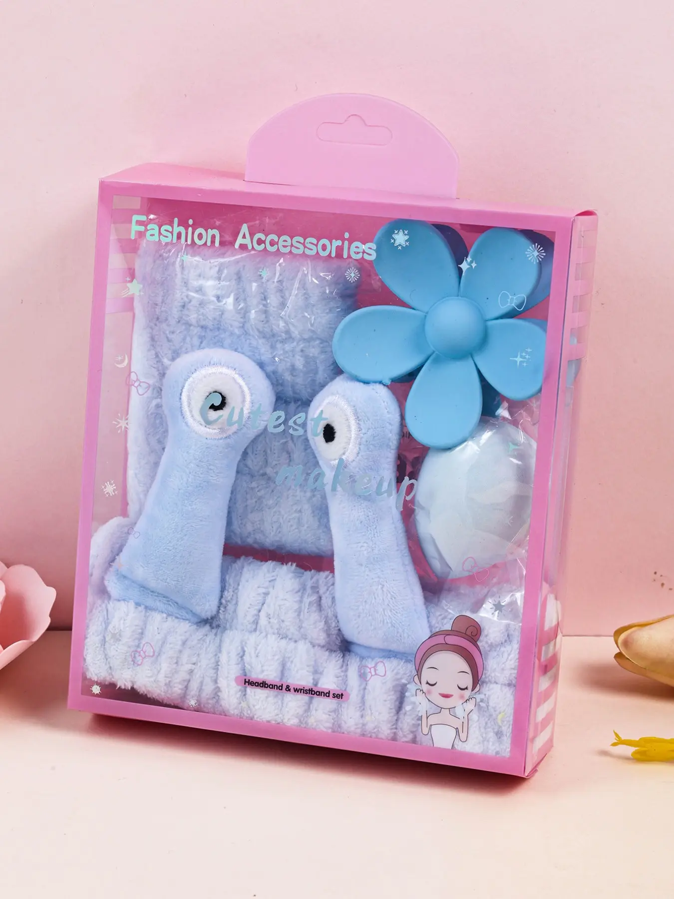 5-piece New Plush Snail Girl Sponge Spa Headband Wristband with Hair Claw Clip, Hair Accessory Set with Gift Box, Suitable for Party Gifts and Daily Use, Washing Face, Spa, Bathing, Makeup, Gift Set Blue Color