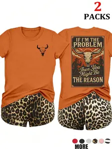 2-Pack Value Set, Two Matching Short-Sleeve Tees, High-Waisted Leopard Print Shorts, Comfortable for Lazy Days, Cozy Nights, Sleepovers, Loungewear