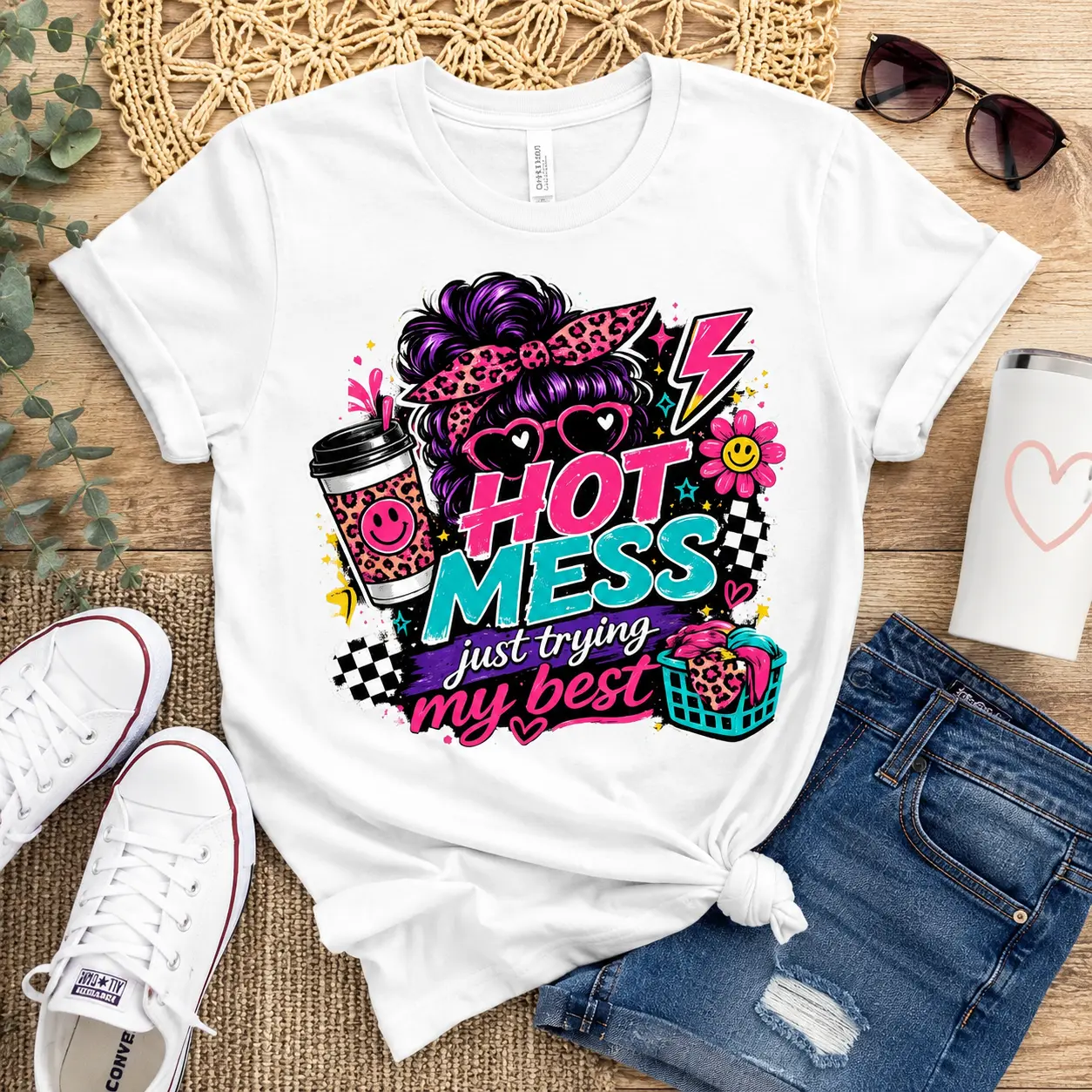 Hot Mess Just Trying My Best Shirt, Funny Mom Life Tee, Retro Neon Messy Bun Graphic T-Shirt, Cute Mama Shirt Gift for Moms