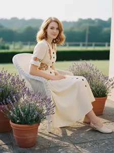 Retro Stage Beige/Mint Green Boho Embroidered Button Front Cotton Midi Dress V-Neck Floral Casual Womenswear Piece Bohemian