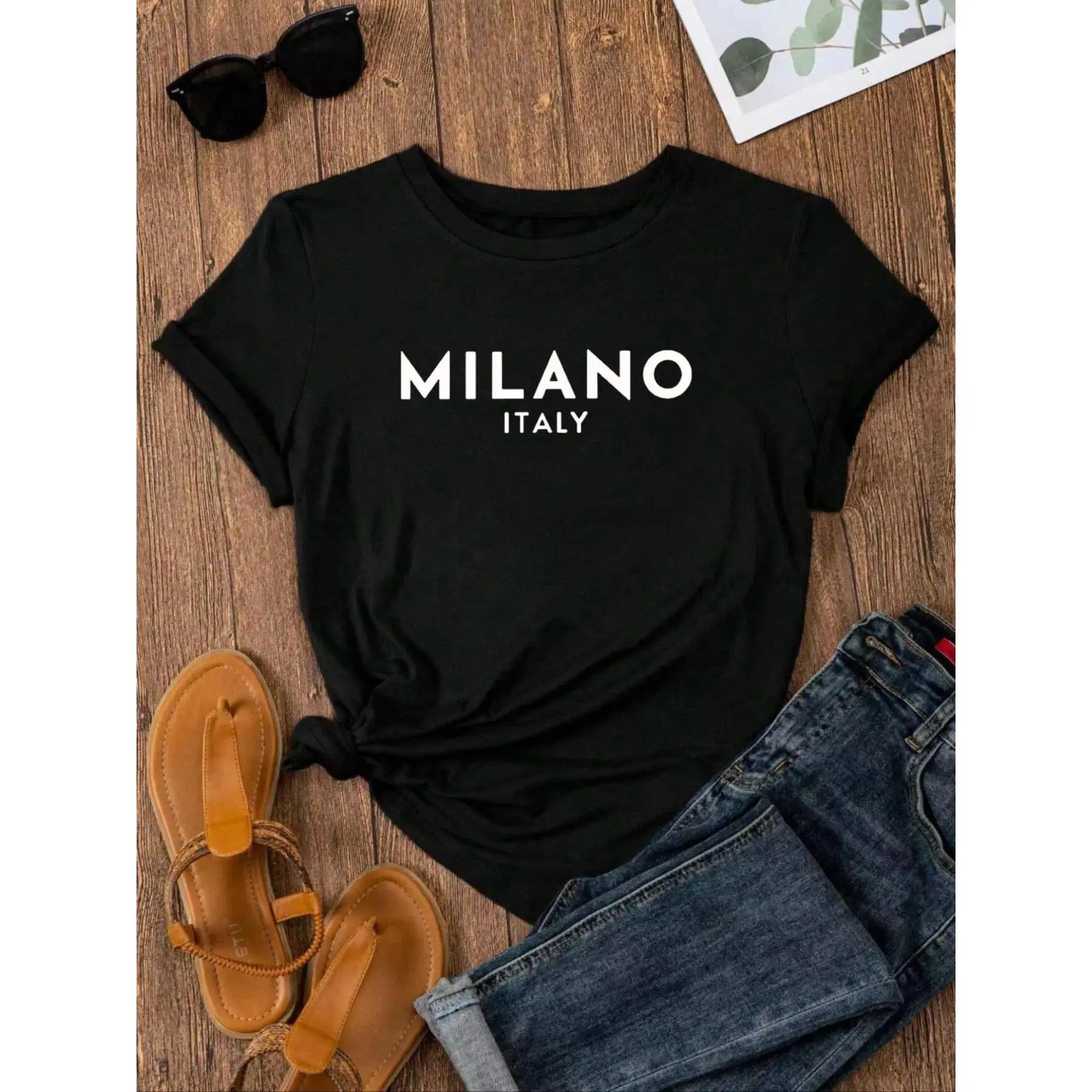 Women's Fitted Minimalist Initial-Themed Breathable Polyester Crew Neck Shortsleeve T-Shirt - 2024 Summer Casual Top for Daily Outdoor Wear, Tshirt